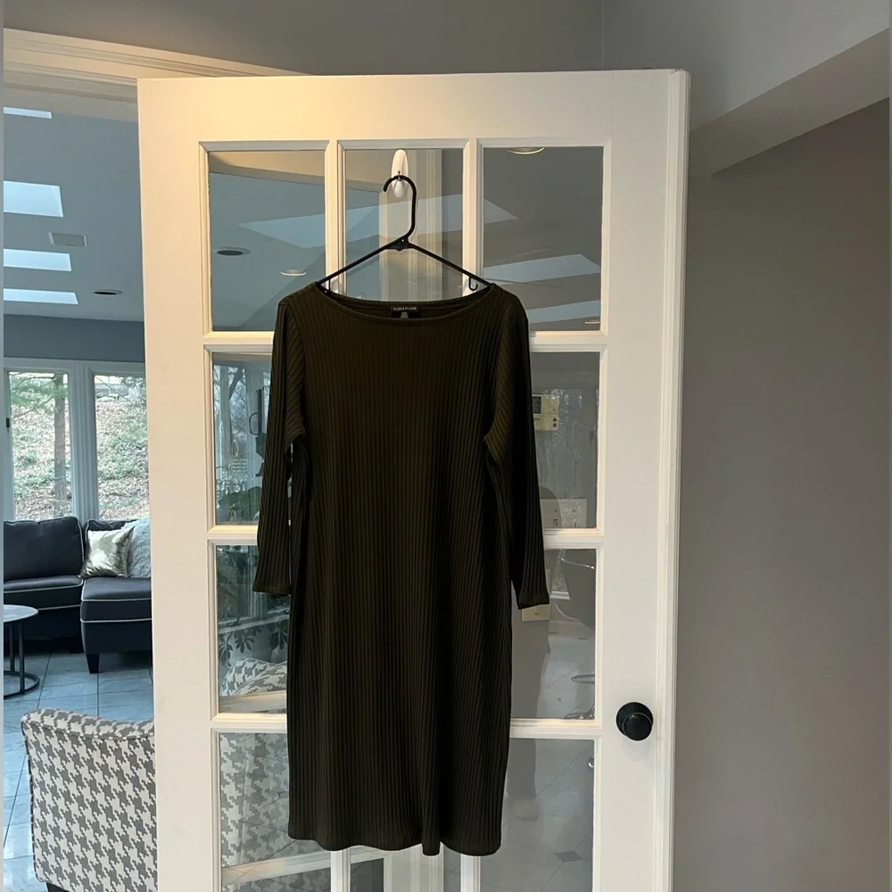 Eileen Fisher Tencel Stretch Rib Ribbed Knee Sleeved Green Olive Dress M New - Picture 4 of 8